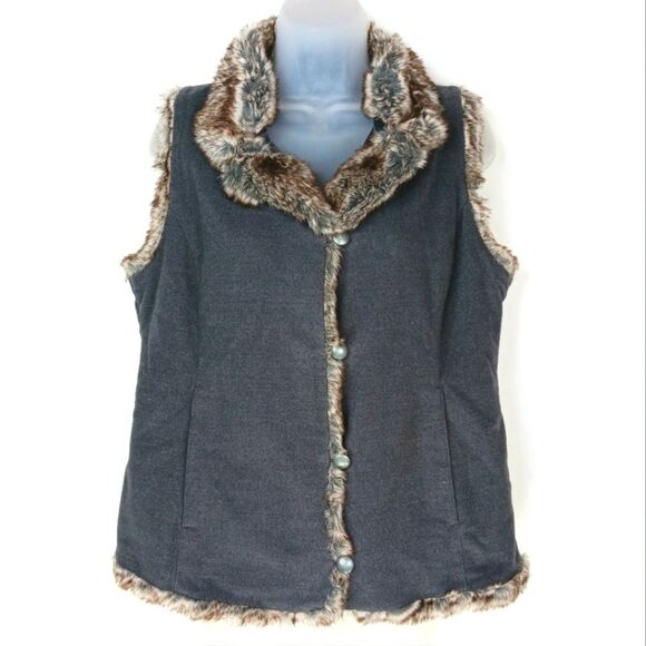 J. JILL Faux Fur Trim Charcoal Gray Vest Size Small - Picture 1 of 8